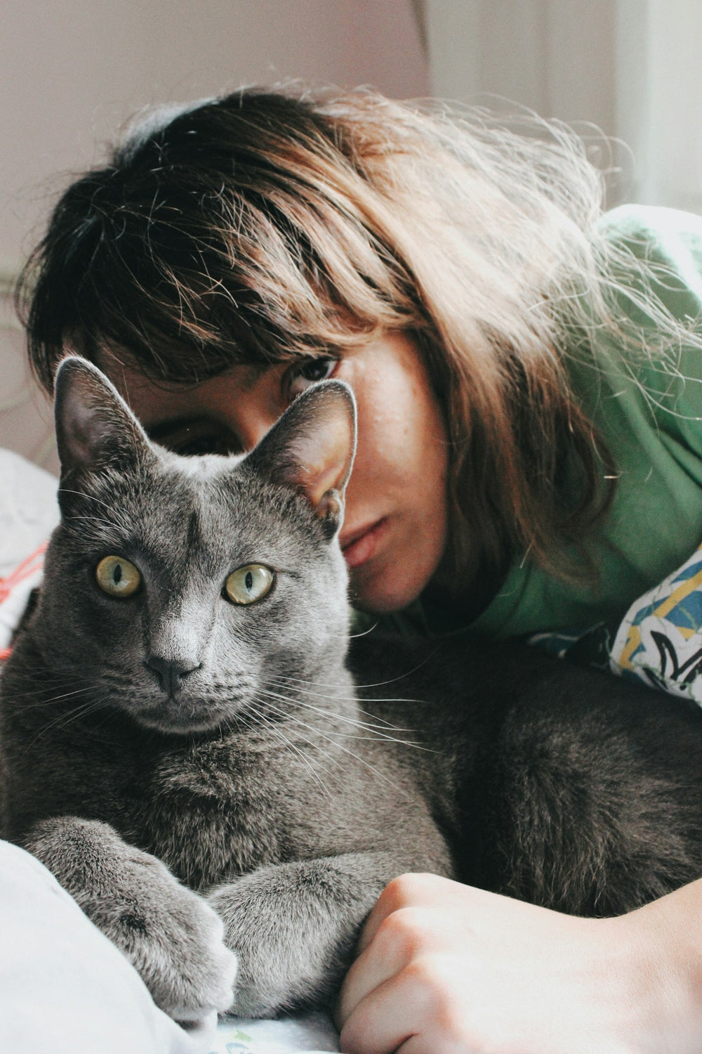 Une jeune femme fait un câlin à son chat gris