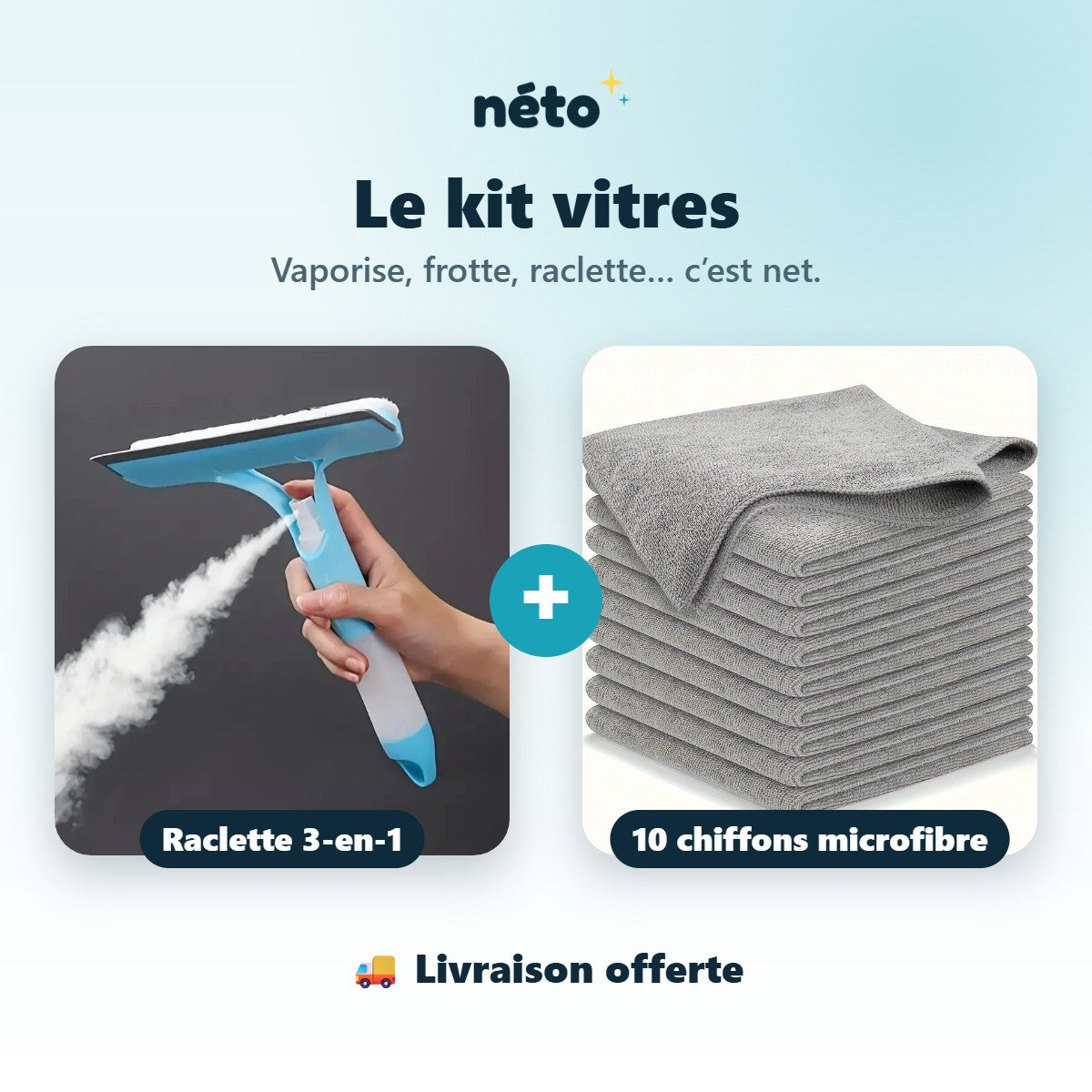 Kit nettoyage vitres Néto : raclette lave-vitre 3-en-1 + 10 chiffons microfibre