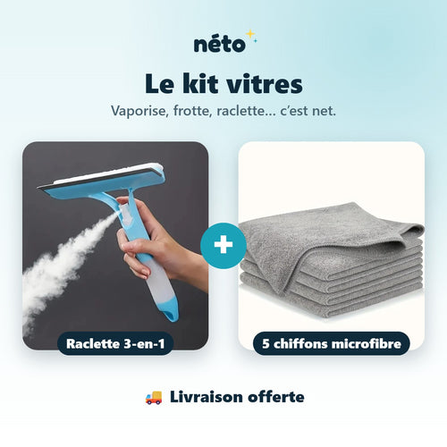 Kit nettoyage vitres Néto : raclette lave-vitre 3-en-1 + 5 chiffons microfibre